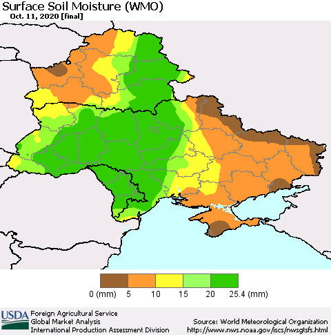 Ukraine, Moldova and Belarus Surface Soil Moisture (WMO) Thematic Map For 10/5/2020 - 10/11/2020