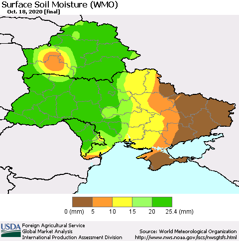 Ukraine, Moldova and Belarus Surface Soil Moisture (WMO) Thematic Map For 10/12/2020 - 10/18/2020