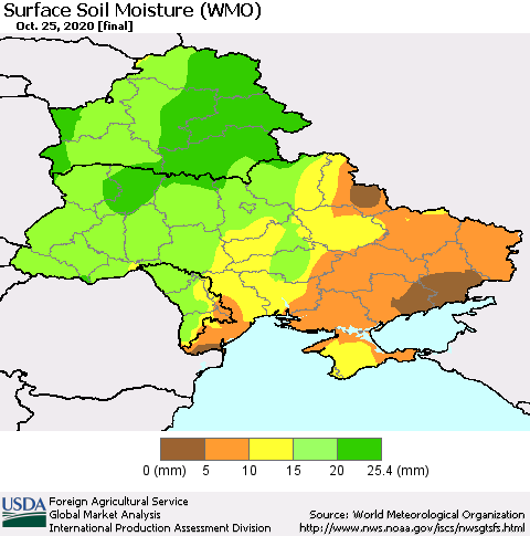 Ukraine, Moldova and Belarus Surface Soil Moisture (WMO) Thematic Map For 10/19/2020 - 10/25/2020