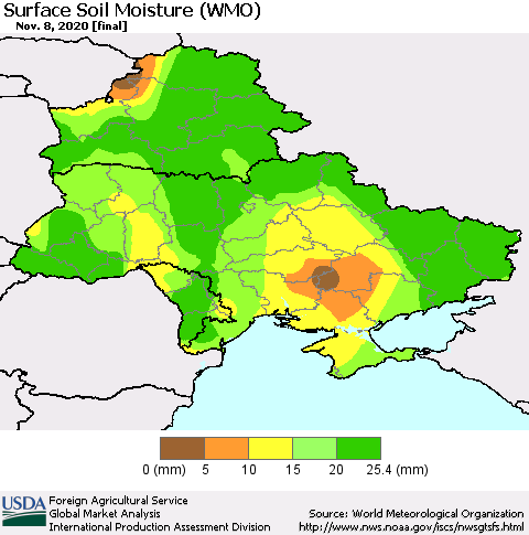 Ukraine, Moldova and Belarus Surface Soil Moisture (WMO) Thematic Map For 11/2/2020 - 11/8/2020