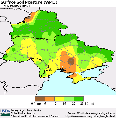 Ukraine, Moldova and Belarus Surface Soil Moisture (WMO) Thematic Map For 11/9/2020 - 11/15/2020