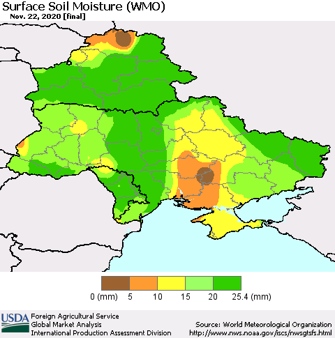 Ukraine, Moldova and Belarus Surface Soil Moisture (WMO) Thematic Map For 11/16/2020 - 11/22/2020