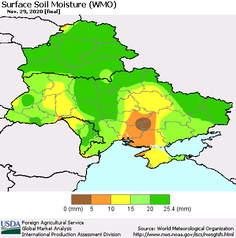 Ukraine, Moldova and Belarus Surface Soil Moisture (WMO) Thematic Map For 11/23/2020 - 11/29/2020