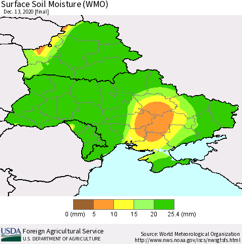 Ukraine, Moldova and Belarus Surface Soil Moisture (WMO) Thematic Map For 12/7/2020 - 12/13/2020