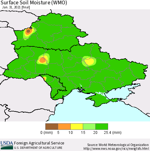 Ukraine, Moldova and Belarus Surface Soil Moisture (WMO) Thematic Map For 1/25/2021 - 1/31/2021