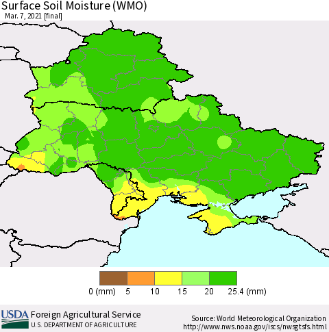 Ukraine, Moldova and Belarus Surface Soil Moisture (WMO) Thematic Map For 3/1/2021 - 3/7/2021