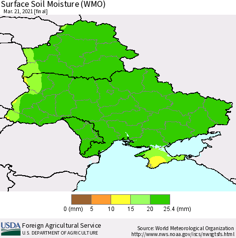 Ukraine, Moldova and Belarus Surface Soil Moisture (WMO) Thematic Map For 3/15/2021 - 3/21/2021