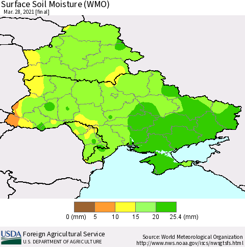 Ukraine, Moldova and Belarus Surface Soil Moisture (WMO) Thematic Map For 3/22/2021 - 3/28/2021