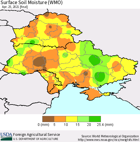 Ukraine, Moldova and Belarus Surface Soil Moisture (WMO) Thematic Map For 4/19/2021 - 4/25/2021