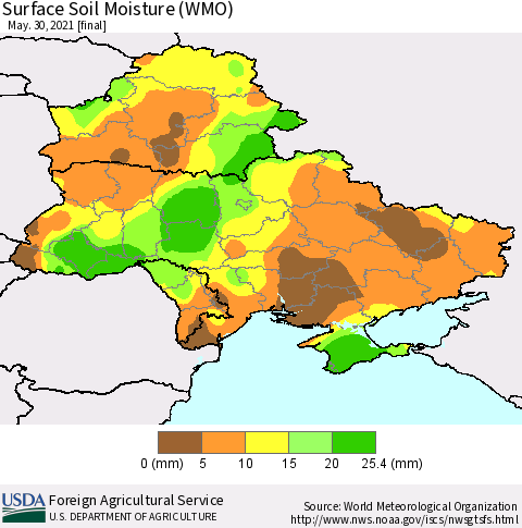 Ukraine, Moldova and Belarus Surface Soil Moisture (WMO) Thematic Map For 5/24/2021 - 5/30/2021
