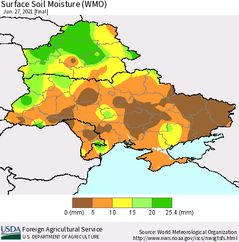 Ukraine, Moldova and Belarus Surface Soil Moisture (WMO) Thematic Map For 6/21/2021 - 6/27/2021