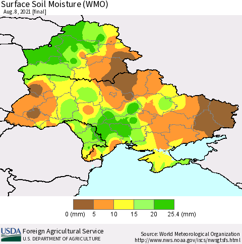 Ukraine, Moldova and Belarus Surface Soil Moisture (WMO) Thematic Map For 8/2/2021 - 8/8/2021