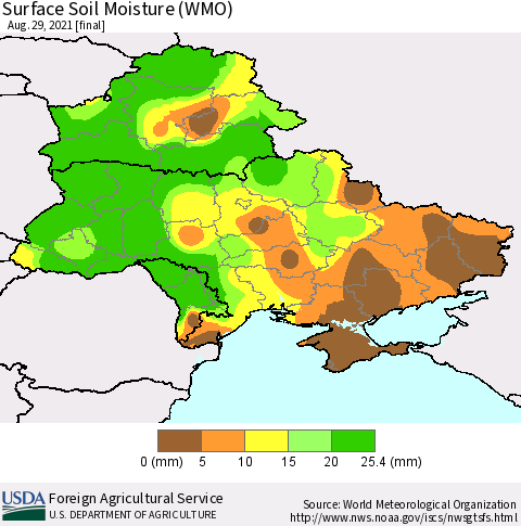 Ukraine, Moldova and Belarus Surface Soil Moisture (WMO) Thematic Map For 8/23/2021 - 8/29/2021