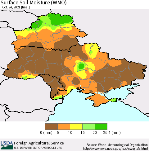 Ukraine, Moldova and Belarus Surface Soil Moisture (WMO) Thematic Map For 10/18/2021 - 10/24/2021