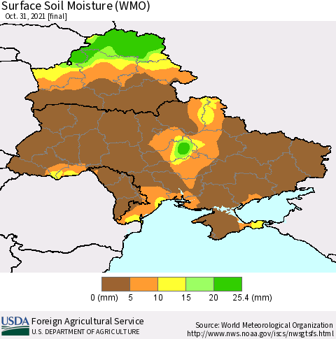 Ukraine, Moldova and Belarus Surface Soil Moisture (WMO) Thematic Map For 10/25/2021 - 10/31/2021