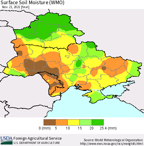 Ukraine, Moldova and Belarus Surface Soil Moisture (WMO) Thematic Map For 11/15/2021 - 11/21/2021