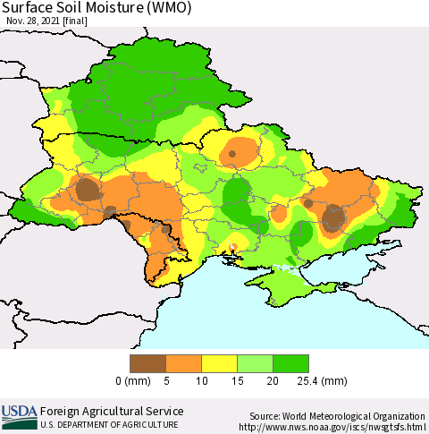 Ukraine, Moldova and Belarus Surface Soil Moisture (WMO) Thematic Map For 11/22/2021 - 11/28/2021