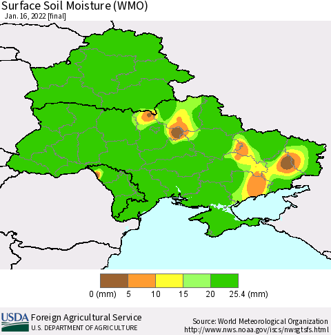 Ukraine, Moldova and Belarus Surface Soil Moisture (WMO) Thematic Map For 1/10/2022 - 1/16/2022