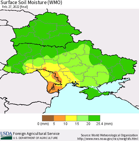 Ukraine, Moldova and Belarus Surface Soil Moisture (WMO) Thematic Map For 2/21/2022 - 2/27/2022