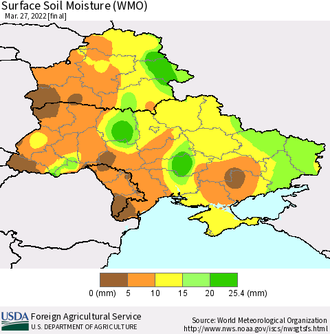 Ukraine, Moldova and Belarus Surface Soil Moisture (WMO) Thematic Map For 3/21/2022 - 3/27/2022