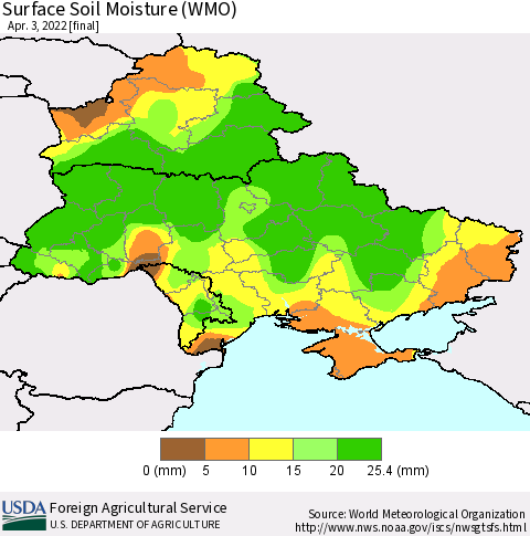 Ukraine, Moldova and Belarus Surface Soil Moisture (WMO) Thematic Map For 3/28/2022 - 4/3/2022
