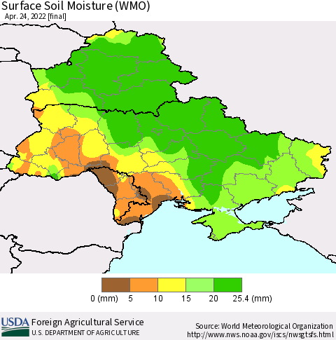 Ukraine, Moldova and Belarus Surface Soil Moisture (WMO) Thematic Map For 4/18/2022 - 4/24/2022