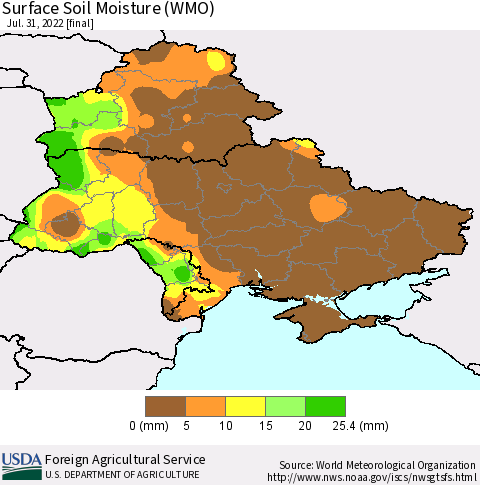 Ukraine, Moldova and Belarus Surface Soil Moisture (WMO) Thematic Map For 7/25/2022 - 7/31/2022