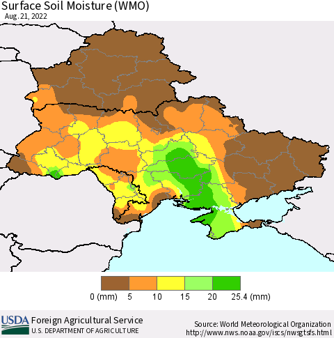 Ukraine, Moldova and Belarus Surface Soil Moisture (WMO) Thematic Map For 8/15/2022 - 8/21/2022