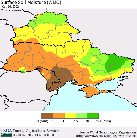 Ukraine, Moldova and Belarus Surface Soil Moisture (WMO) Thematic Map For 10/10/2022 - 10/16/2022