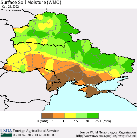 Ukraine, Moldova and Belarus Surface Soil Moisture (WMO) Thematic Map For 10/17/2022 - 10/23/2022
