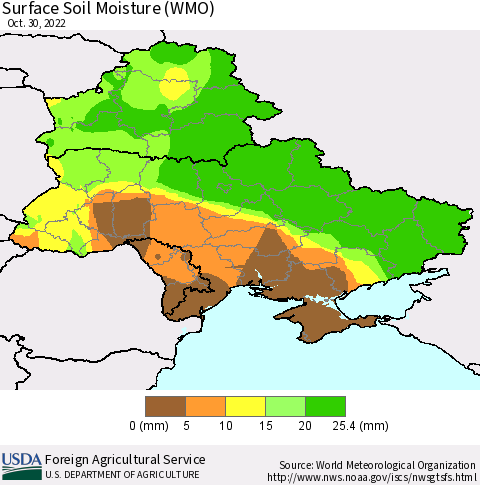 Ukraine, Moldova and Belarus Surface Soil Moisture (WMO) Thematic Map For 10/24/2022 - 10/30/2022