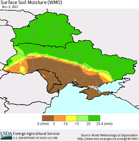 Ukraine, Moldova and Belarus Surface Soil Moisture (WMO) Thematic Map For 10/31/2022 - 11/6/2022