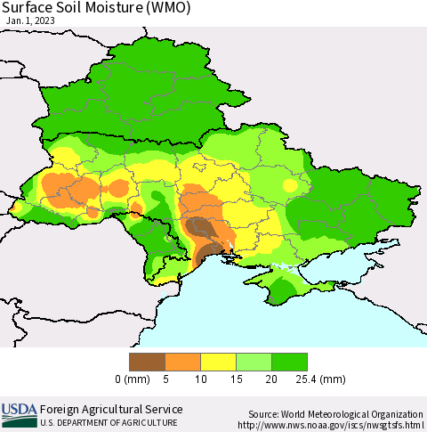 Ukraine, Moldova and Belarus Surface Soil Moisture (WMO) Thematic Map For 12/26/2022 - 1/1/2023