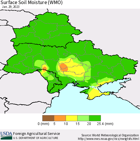 Ukraine, Moldova and Belarus Surface Soil Moisture (WMO) Thematic Map For 1/23/2023 - 1/29/2023