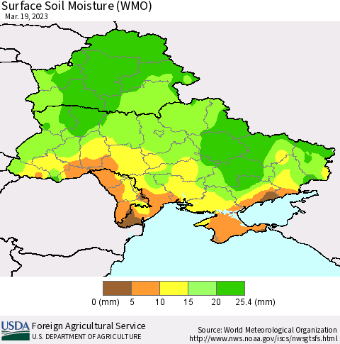 Ukraine, Moldova and Belarus Surface Soil Moisture (WMO) Thematic Map For 3/13/2023 - 3/19/2023