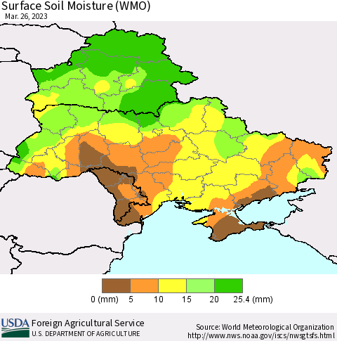 Ukraine, Moldova and Belarus Surface Soil Moisture (WMO) Thematic Map For 3/20/2023 - 3/26/2023
