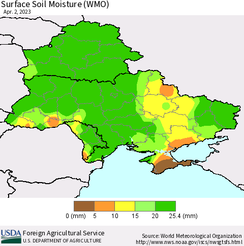 Ukraine, Moldova and Belarus Surface Soil Moisture (WMO) Thematic Map For 3/27/2023 - 4/2/2023