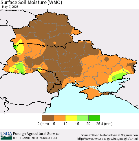 Ukraine, Moldova and Belarus Surface Soil Moisture (WMO) Thematic Map For 5/1/2023 - 5/7/2023