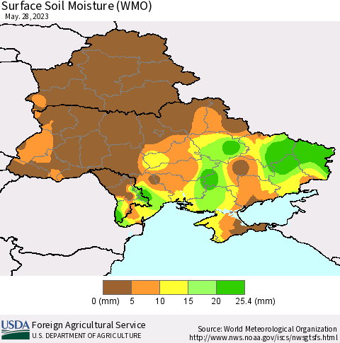 Ukraine, Moldova and Belarus Surface Soil Moisture (WMO) Thematic Map For 5/22/2023 - 5/28/2023