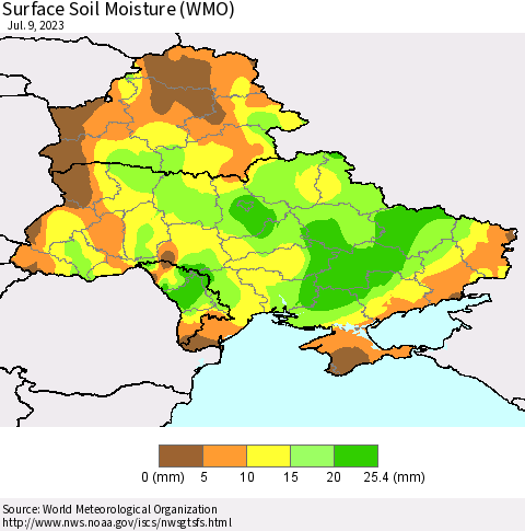 Ukraine, Moldova and Belarus Surface Soil Moisture (WMO) Thematic Map For 7/3/2023 - 7/9/2023