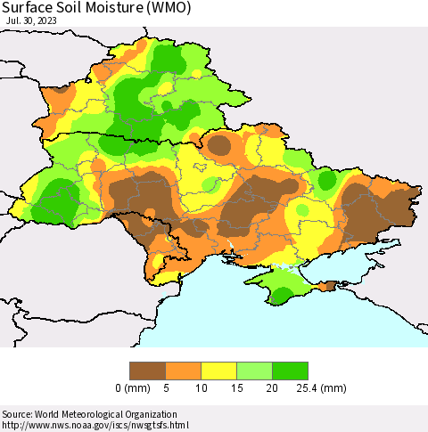 Ukraine, Moldova and Belarus Surface Soil Moisture (WMO) Thematic Map For 7/24/2023 - 7/30/2023