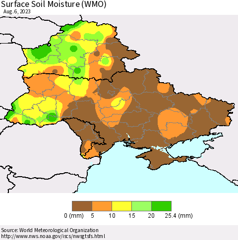 Ukraine, Moldova and Belarus Surface Soil Moisture (WMO) Thematic Map For 7/31/2023 - 8/6/2023