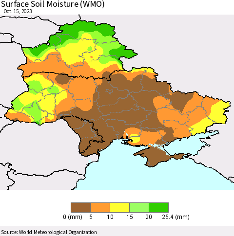 Ukraine, Moldova and Belarus Surface Soil Moisture (WMO) Thematic Map For 10/9/2023 - 10/15/2023