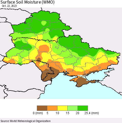 Ukraine, Moldova and Belarus Surface Soil Moisture (WMO) Thematic Map For 10/16/2023 - 10/22/2023