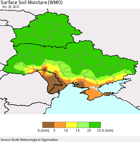 Ukraine, Moldova and Belarus Surface Soil Moisture (WMO) Thematic Map For 10/23/2023 - 10/29/2023