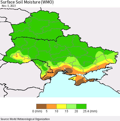 Ukraine, Moldova and Belarus Surface Soil Moisture (WMO) Thematic Map For 10/30/2023 - 11/5/2023