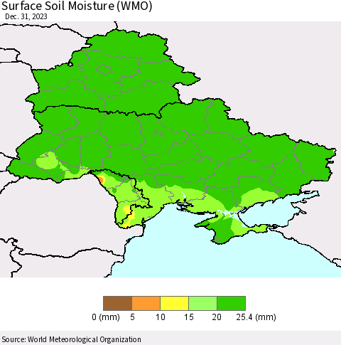 Ukraine, Moldova and Belarus Surface Soil Moisture (WMO) Thematic Map For 12/25/2023 - 12/31/2023