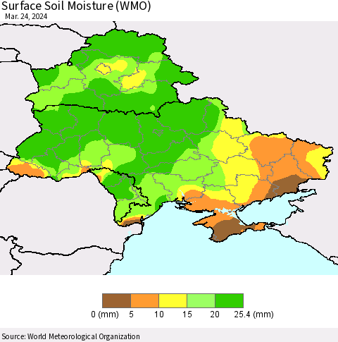 Ukraine, Moldova and Belarus Surface Soil Moisture (WMO) Thematic Map For 3/18/2024 - 3/24/2024