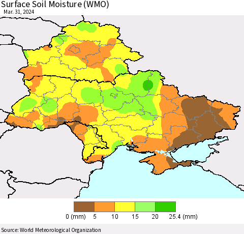 Ukraine, Moldova and Belarus Surface Soil Moisture (WMO) Thematic Map For 3/25/2024 - 3/31/2024