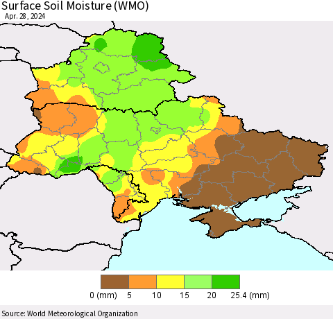 Ukraine, Moldova and Belarus Surface Soil Moisture (WMO) Thematic Map For 4/22/2024 - 4/28/2024